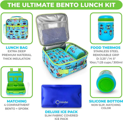 Bento Box with Stainless Steel Thermo, Insulated Lunch Bag, Ice Pack Set for Kids - 5 Compartments, Lunches or Snack Container for Girls, Toddlers Daycare Pre-School, Kindergarten Purple Unicorn