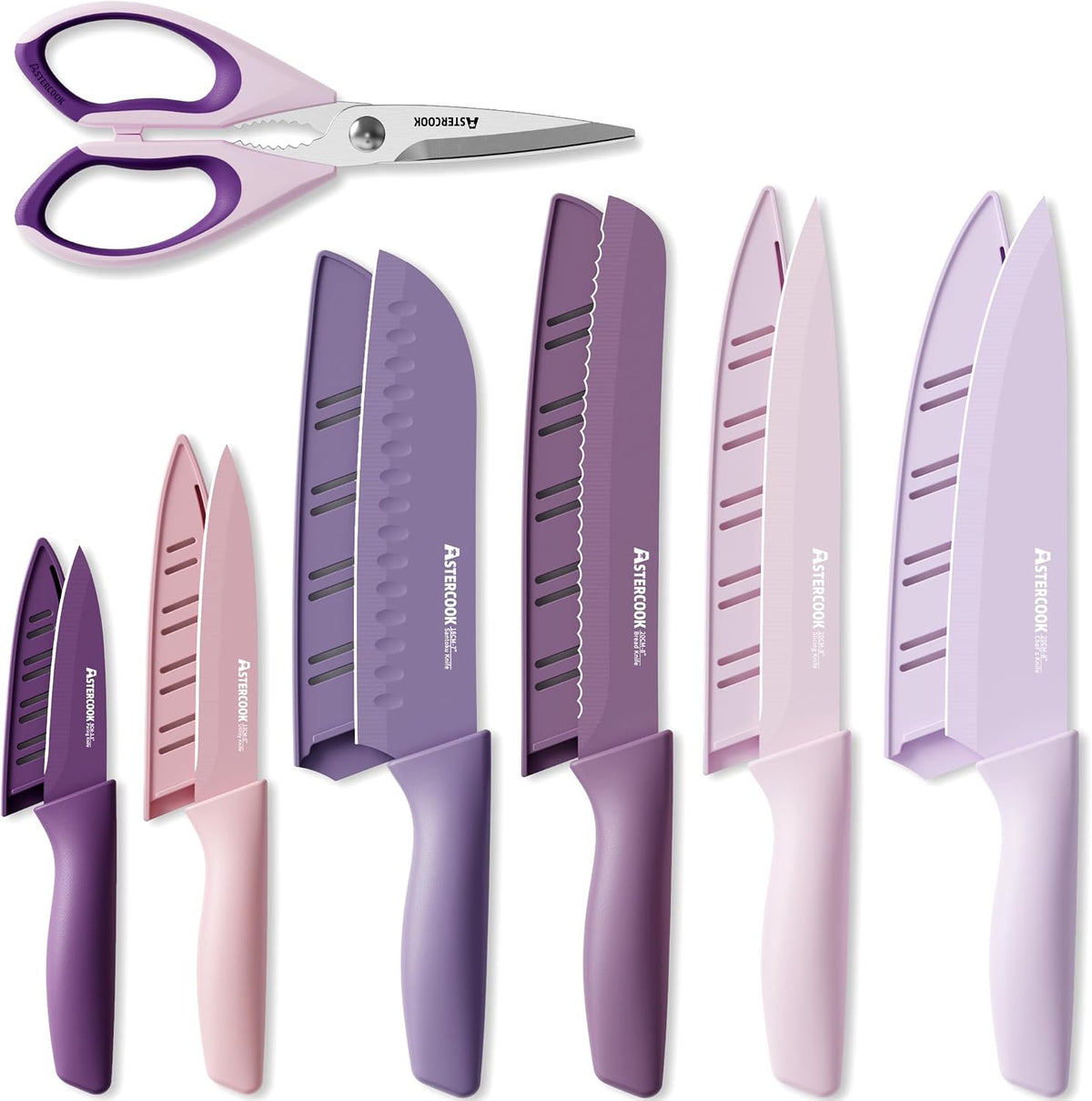 Astercook Knife Set, 13 Pieces Kitchen Knives Set with Healthy Anti-Rust Coating, Dishwasher Safe, Stainless Steel Chef Knife Sets with 6 Blade Guards, Perfect Holiday Gifts for Kitchen