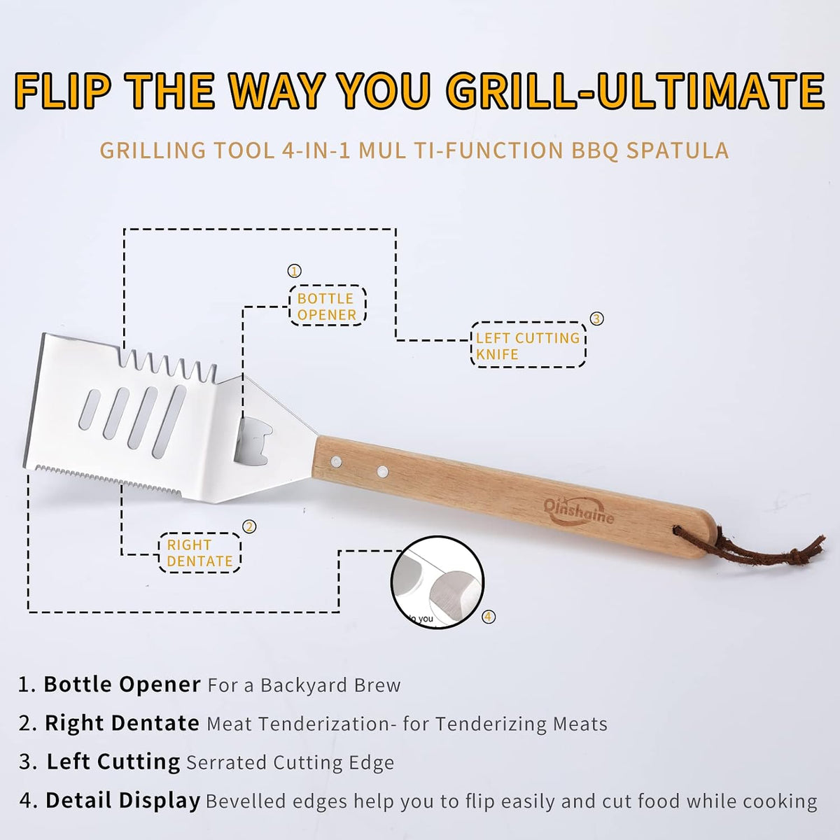4-in-1 BBQ Spatula, Multifunction Grill Spatula with Wooden Handle, perfect for BBQ grills and kebabs for camping picnics