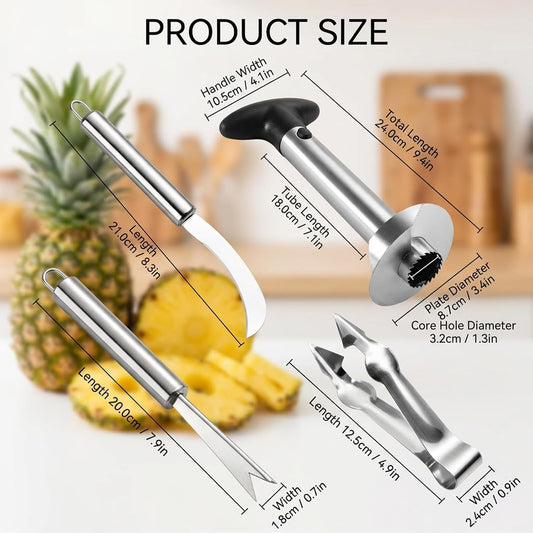 4PCS Stainless Steel Pineapple Corer Set for Kitchen Use,Pineapple Corer and Slicer,Easy Pineapple Slicer Tool with Ergonomic Handle