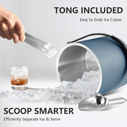 Bakpoco Insulated Ice Bucket with Silicone Lid, Scoop, Tongs & Strainer, 3L Stainless Steel Double Wall Ice Buckets for Parties & Cocktail Bar, Champagne Ice Bucket with Lid for Freezer, Ivory