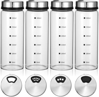 4Pcs Large Salt Pepper Shakers with Adjustable Outlet Holes Moisture-Resistant Seasoning Shakers Glass Shaker Bottles Clear Spice Seasoning Cans for Kitchen Restaurant BBQ Camping (300ML)