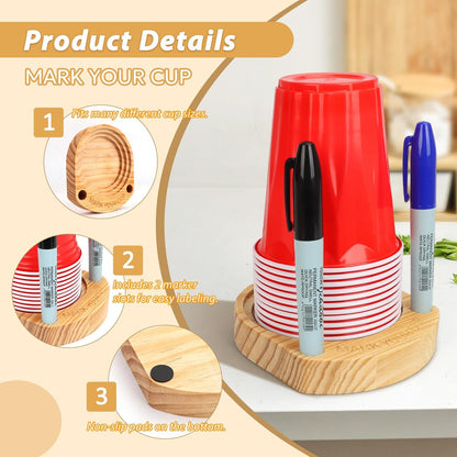 2 Pcs Party Cup Holder with Marker Slot, Wooden Cup Organizer with 2 Markers, Mark Your Cup and Drink Up, Plastic Paper Cup Dispenser, Fits 10 12 16 18 oz Disposable Drinking Cups