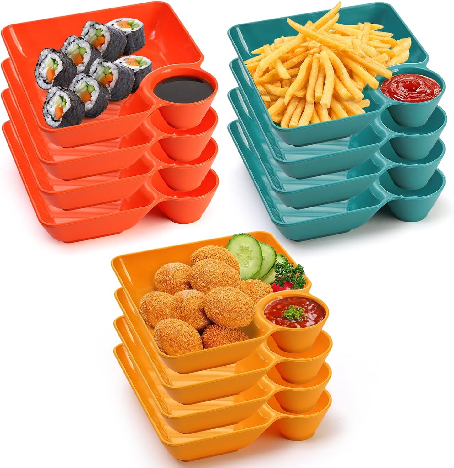 Lawei 12pcs Chip Dip Serving Platter Set, Plastic Dumpling Plates with Sauce Compartment, Square Serving Dish Sushi Plates, Small Dip Tray for Appetizer, Taco Salsa, Fruit, Charcuterie