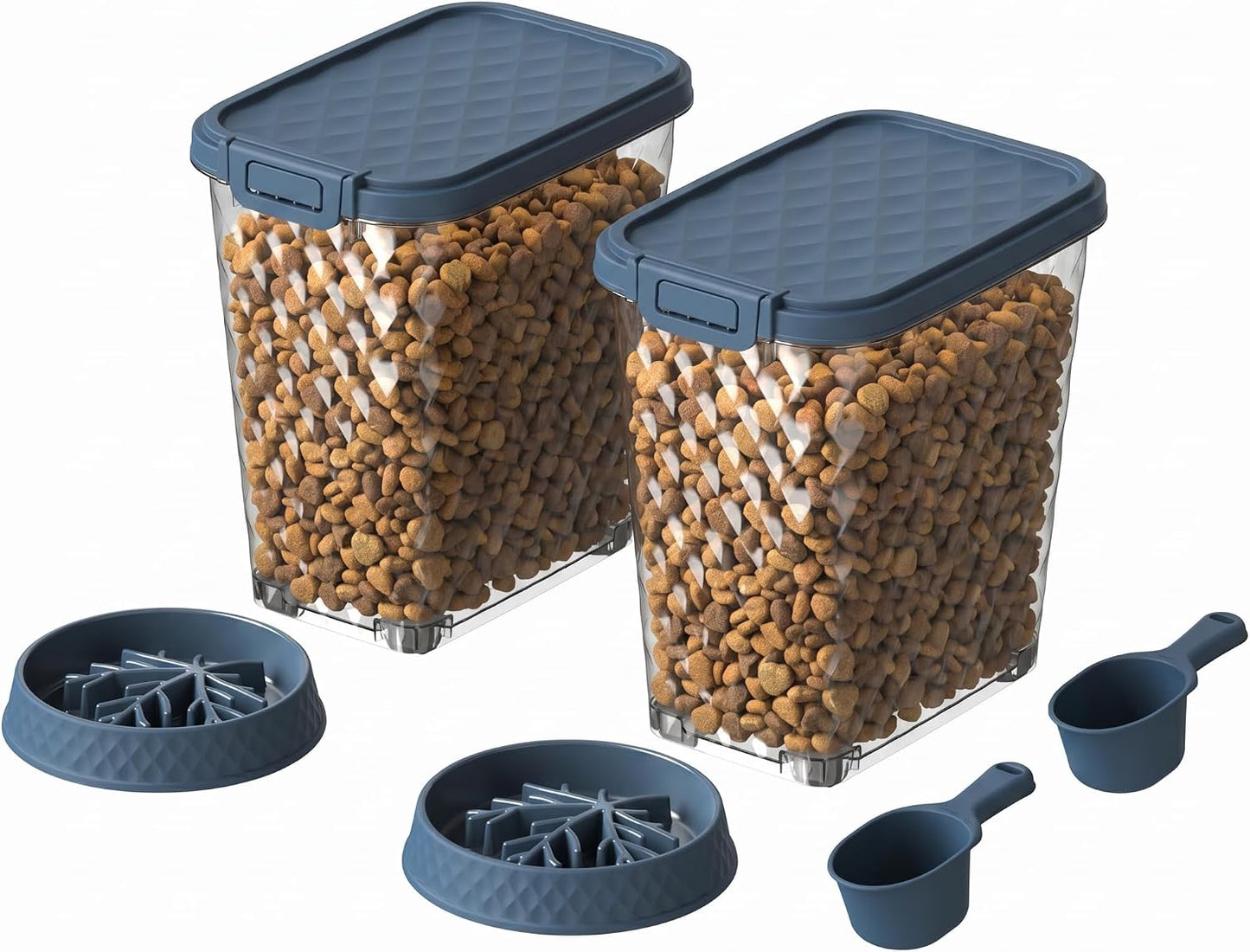 Airtight Dog Food Storage Container 30 lb with Attachable Wheels, Clear Pet Food Sorage Containers with Scoop & Slow-Feeding Bowl, Easy to Move Clean Refill, Fit for Dog Cat Bird Food