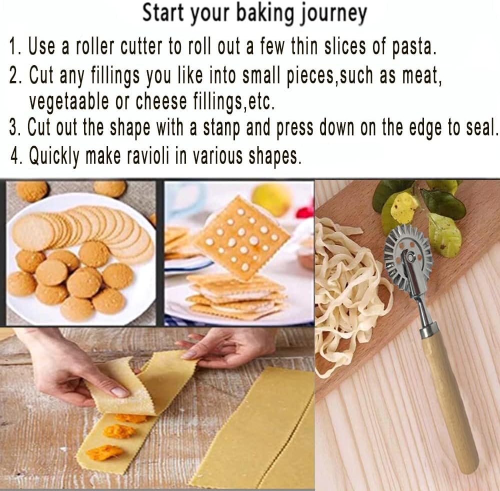 Ravioli Cutter Stamps with Roller Wheel Round Mold with Wooden Handle and Fluted Edge Pasta Press Pasta Cutter for Home and Kitchen Use- 1.3" Diameter