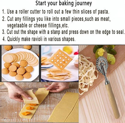 Ravioli Cutter Stamps with Roller Wheel Round Mold with Wooden Handle and Fluted Edge Pasta Press Pasta Cutter for Home and Kitchen Use- 1.3" Diameter