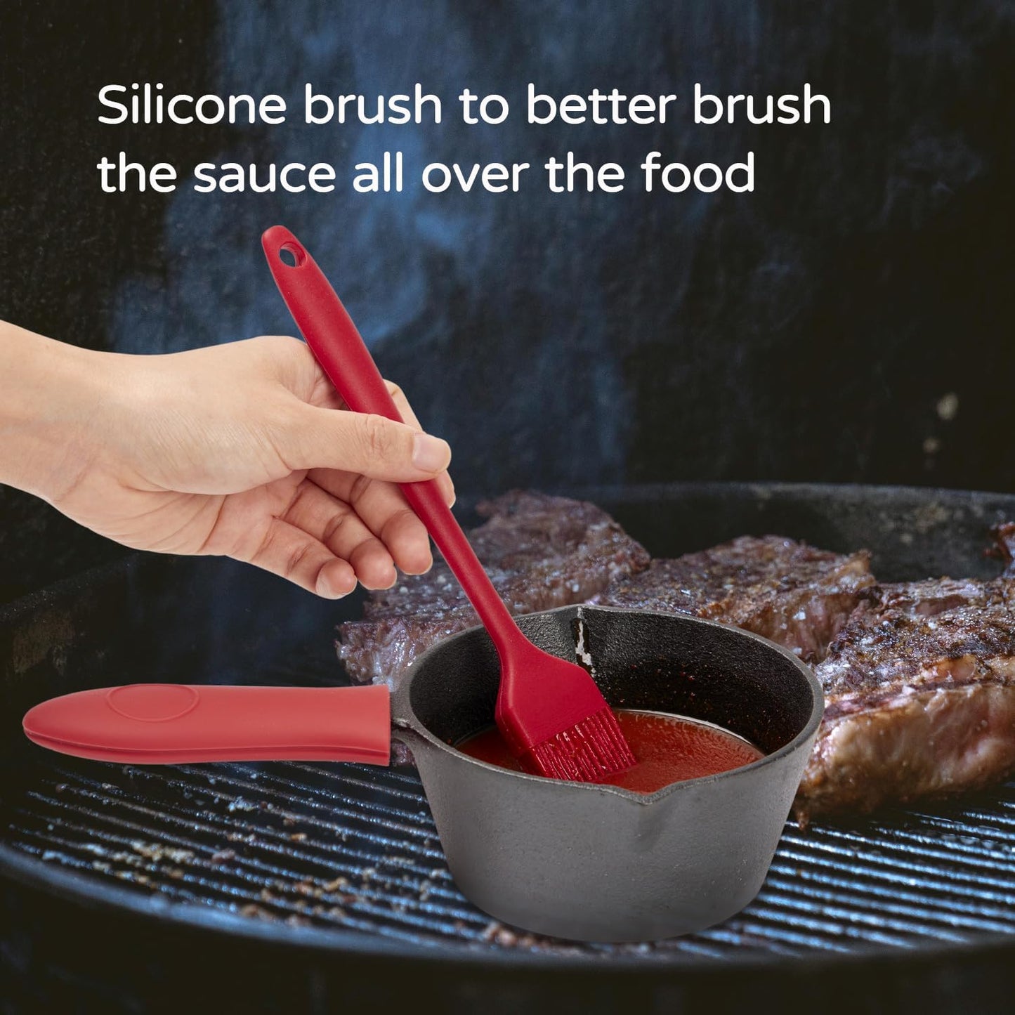 Cast Iron Basting Pot, 15.5 Oz 3 PCS BBQ Sauce Melting Pot Set with Silicone Basting Brush & Handle Cover, Mini Butter Pot for Grilling Smoking Outdoor Grill Accessories
