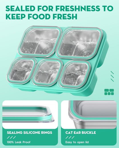 BiuLeon Snackle Box Containers, Stainless Steel 5 Compartments Divided Serving Tray with Lid, Removable LeakProof Portable Bento Box for Fruit Candy Nuts Food - School, Picnic and Travel（Blue）