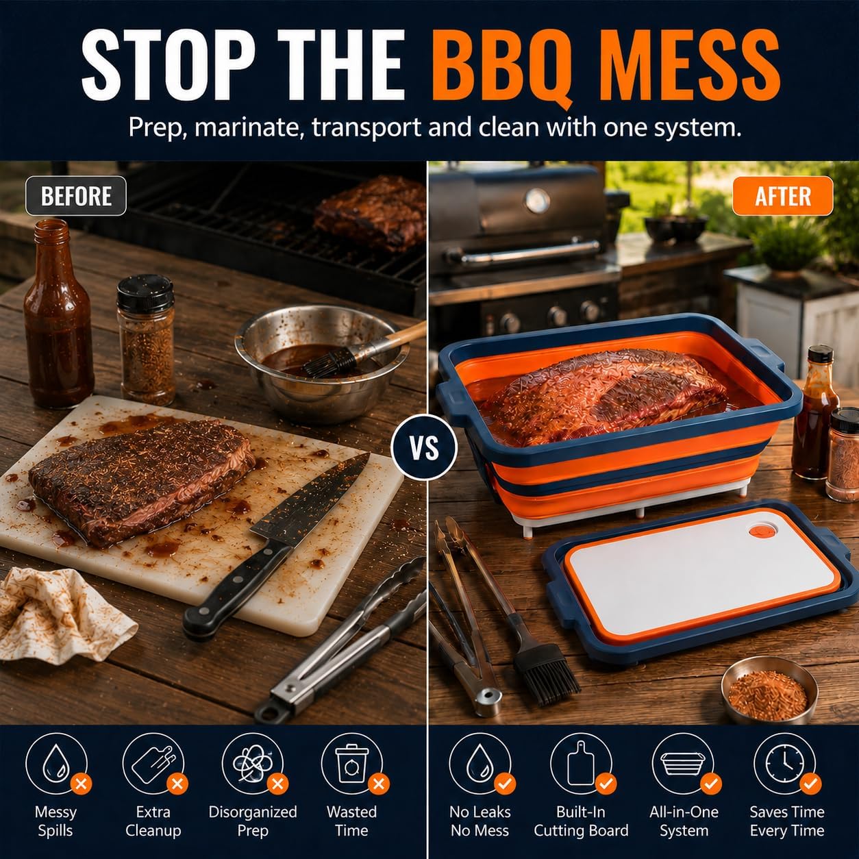 Collapsible BBQ Prep Tub with Convertible Cutting Board Design & Serving Lid – XL Brine Container & Meat Prep System for Brisket, Smoking, Grilling, Camping & Tailgating