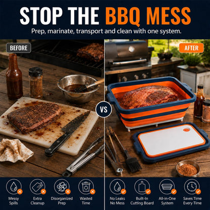 Collapsible BBQ Prep Tub with Convertible Cutting Board Design & Serving Lid – XL Brine Container & Meat Prep System for Brisket, Smoking, Grilling, Camping & Tailgating