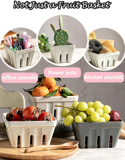 Gomakren Berry Bowls with Holes Ceramic, Berry Washing Bowl Basket Set of 2, 5.8 Inch Round Fruit Bowl Storage Containers, Strawberry Baskets, Farmhouse Kitchen Decor, Yellow + Brown