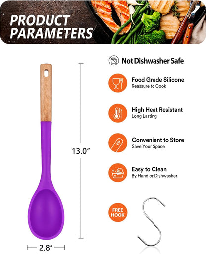 Large Silicone Cooking Spoons, Nonstick Solid Wooden Handle Spoon, Heat Resistan Silicone Kitchen Spoons for Cooking, Serving, Basting, Mixing, 13.2inch (Grey)