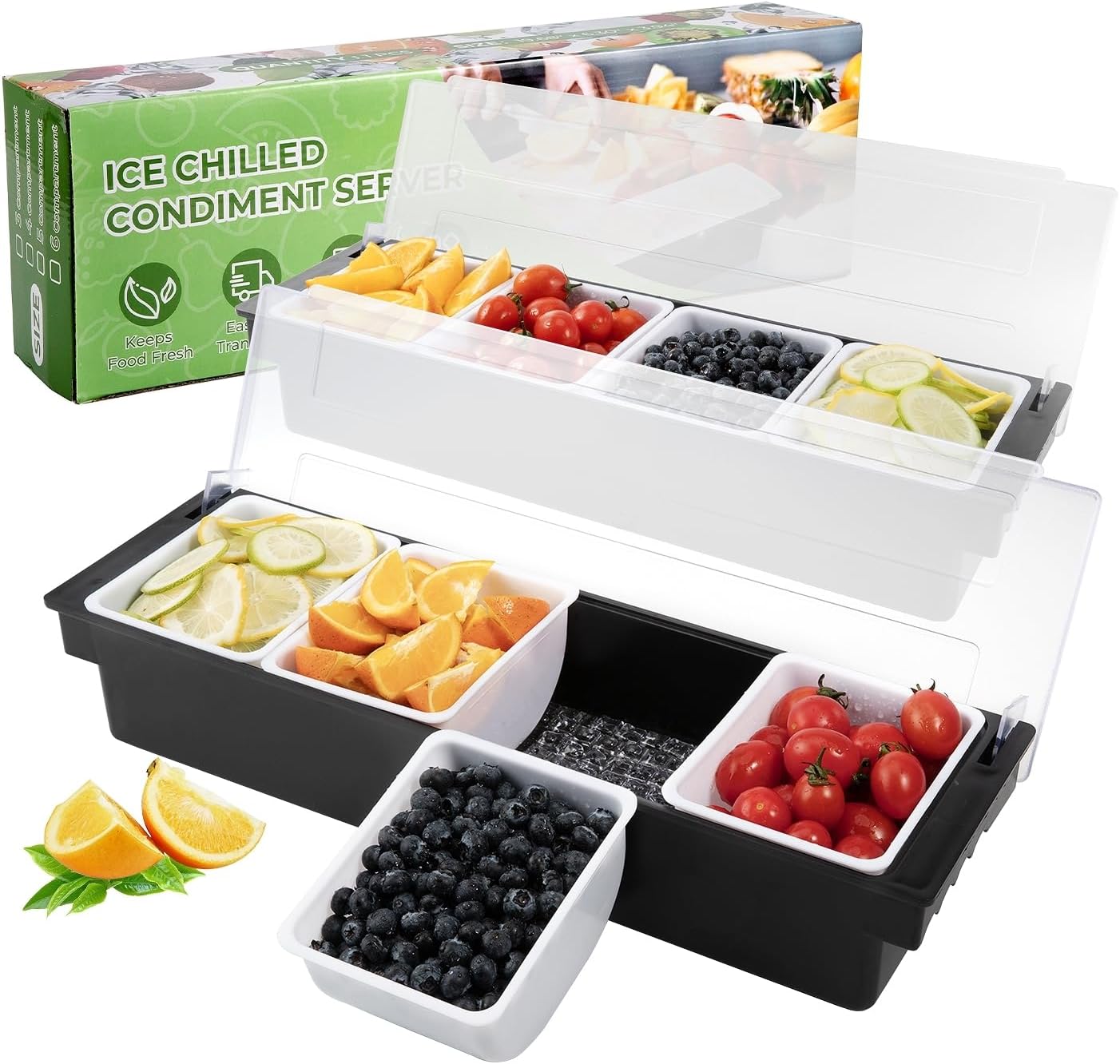 Ice Cooled Condiment Serving Container Fruit Veggie Condiment Caddy Plastic Garnish Station with Lid for Fruit,Ice Cream,Salad Bar-Topping Organizer for Restaurant Supplies (3 Compartments)