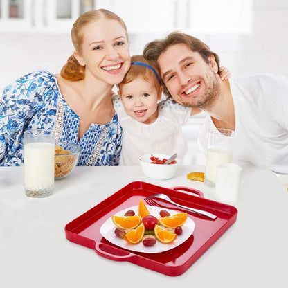 i BKGOO Foodservice Red Plastic Tray with Handle Set of 2 Large Melamine Cube Serving Platters for Parties, Table, Kitchen Size(12.5"x12.5"x1")