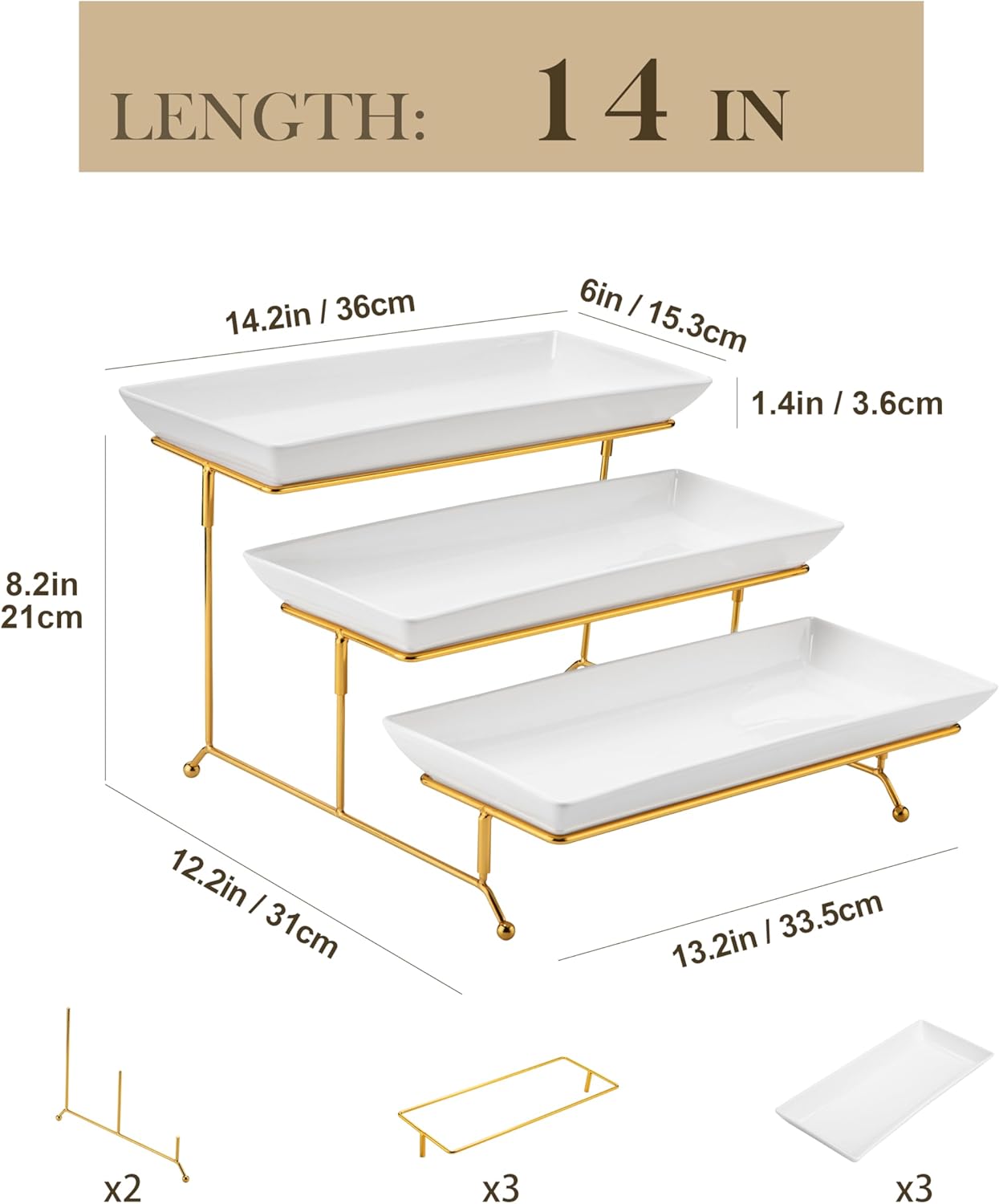 MALACASA 3 Tier Serving Trays for Party, Porcelain Serving Platters and Trays, 12 Inch Tiered Tray Stand, Fruit Tray, Trays for Serving Food, White Dessert Stand with Collapsible Sturdier Metal Rack