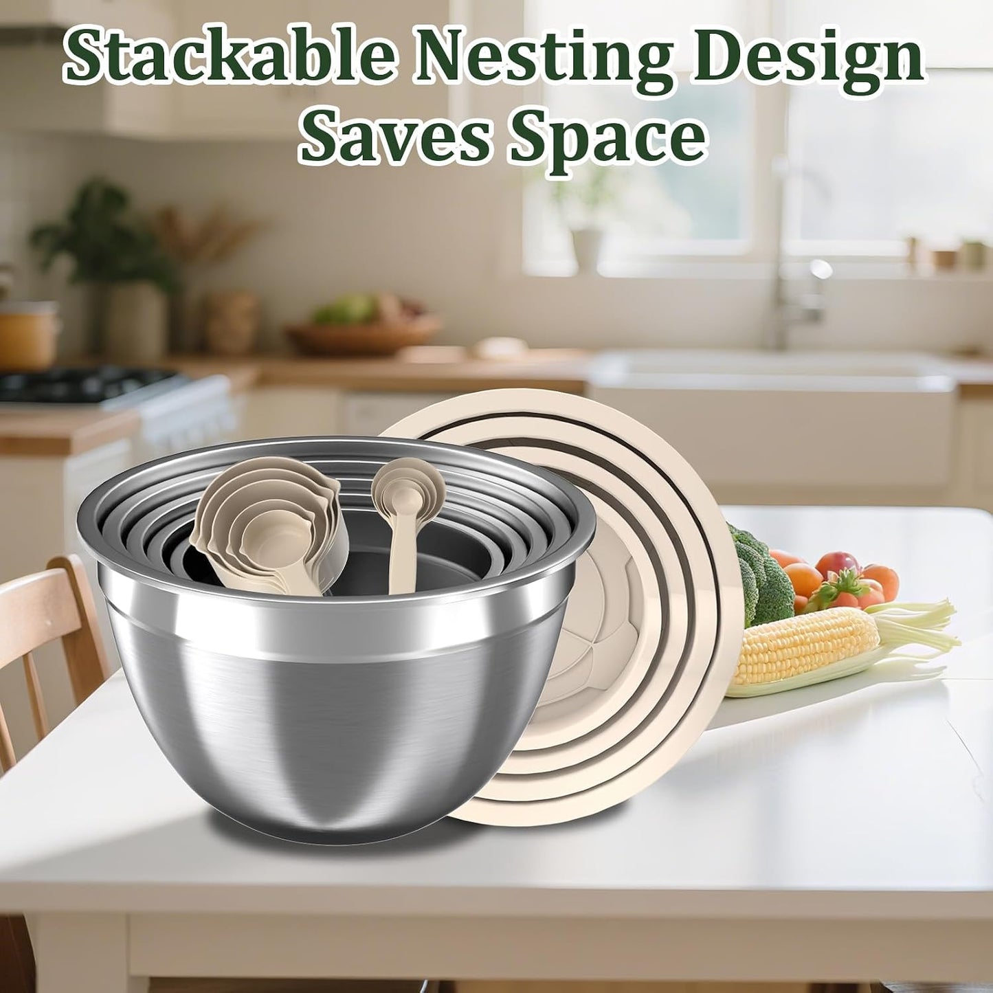 Mixing Bowls with Lids Set, 16PCS Stainless Steel Mixing Bowls,Nesting Storage Bowls for Kitchen with Mixing Bowls Set, Colander, Strainer & Grater , Metal Salad Bowl for Kitchen Gadgets , Cream