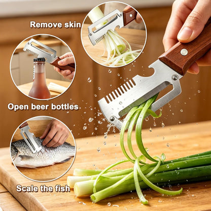 3-in-1 Vegetable Peeler with Wooden Handle – Stainless Steel Swivel Peeler, Julienne Shredder & Bottle Opener – Heavy Duty Kitchen Tool for Potatoes, Carrots, Zucchini, Cucumber（2PCS)
