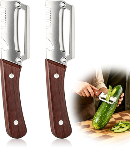 Multifunctional Vegetable Peeler, 2PCS Premium Vegetable Peeler with Wooden Handle and Bottle Opener, 3-In-1 Stainless Steel Kitchen Tool, for Fruit Veggie Peeling and Shredding Scallions (0A)