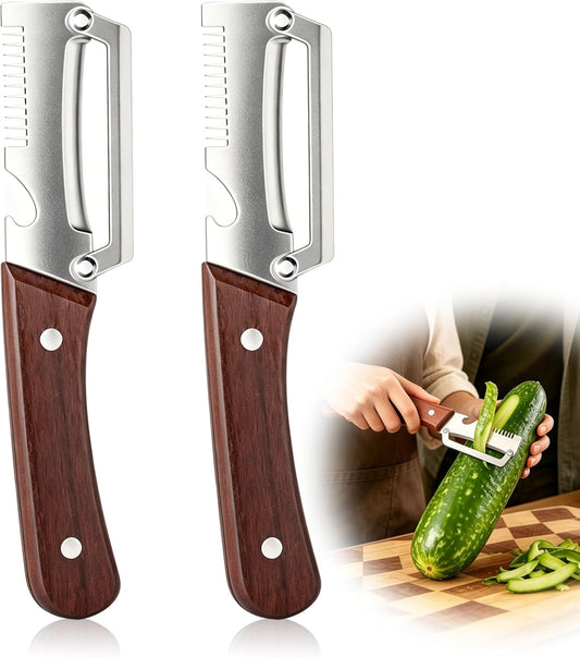 Multifunctional Vegetable Peeler, 2PCS Premium Vegetable Peeler with Wooden Handle and Bottle Opener, 3-In-1 Stainless Steel Kitchen Tool, for Fruit Veggie Peeling and Shredding Scallions (0A)