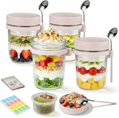 Overnight Oats Containers with Lids and Spoons - 4 Pack 16 oz Glass Mason Jars with Separate Compartments Airtight Overnight Oat Jars Leakproof Yogurt Parfait Cup for Oatmeal Chia Pudding Cereal Salad