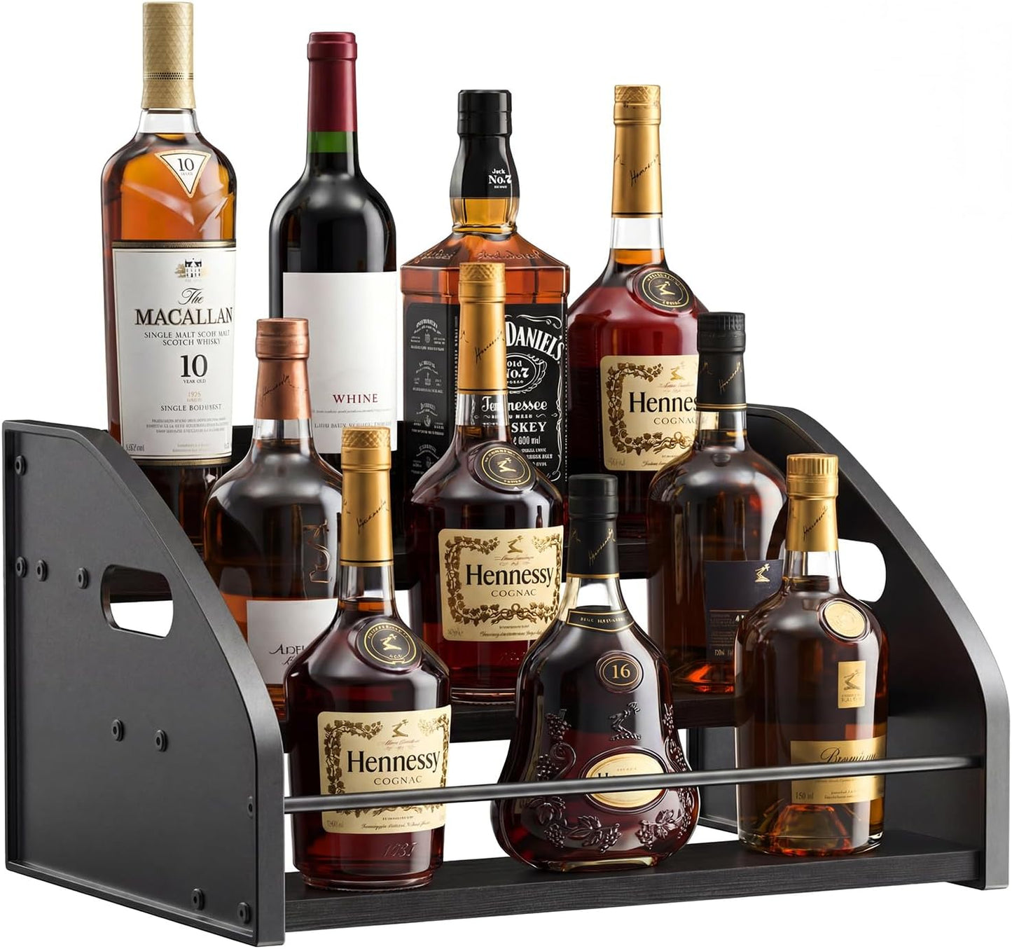 Countertop Liquor Bottle Organizer Shelf, 3-Tier | Rustic Display Rack, For Wine & Coffee Syrups, Freestanding Bar and Kitchen Storage, Easy-Carry Handles