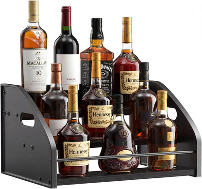 Countertop Liquor Bottle Organizer Shelf, 3-Tier | Rustic Display Rack, For Wine & Coffee Syrups, Freestanding Bar and Kitchen Storage, Easy-Carry Handles