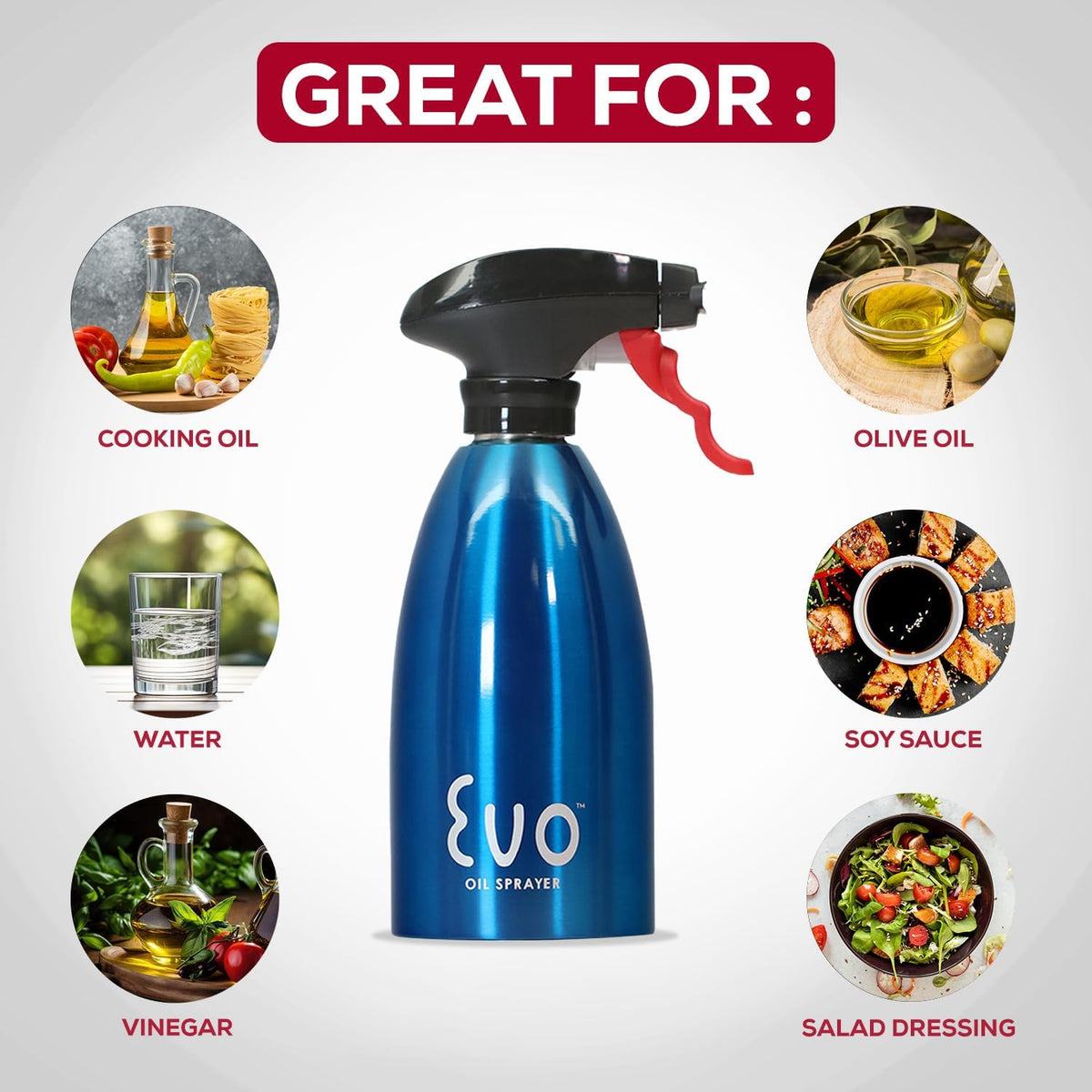 Evo Oil Sprayer 18/8 Stainless Steel, Non-Aerosol for Olive, Cooking Oils, and Vinegars, Silver, 16-Ounce Capacity