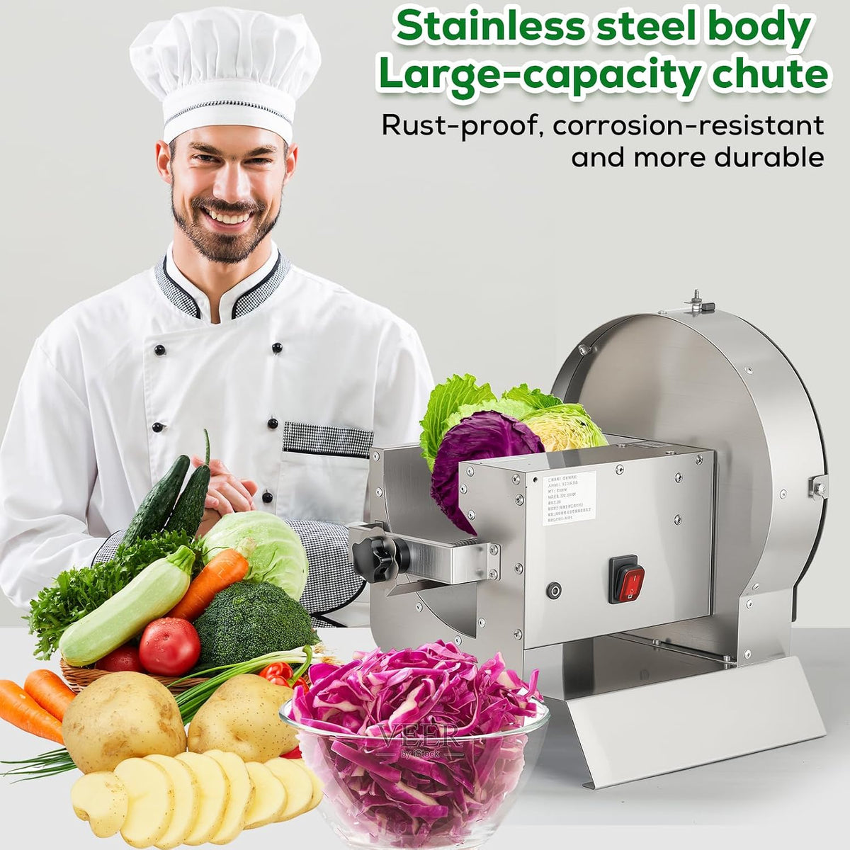 2-in-1 110V Electric Vegetable and Fruit Slicer, Adjustable Thickness 0.04-0.4", Commercial Stainless Steel Cutter for Cabbage, Tomatoes, Lemons