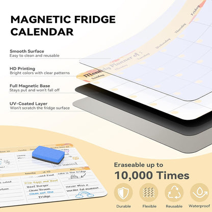 MARSROCK Refrigerator Calendar Magnetic, 16.3x11.7” (4-Pack) – Weekly & Monthly Planner, Chore Chart, Grocery/to-Do List for Fridge, Includes 8 Markers, 6 Magnets & 1 Eraser for Kitchen, Yellow