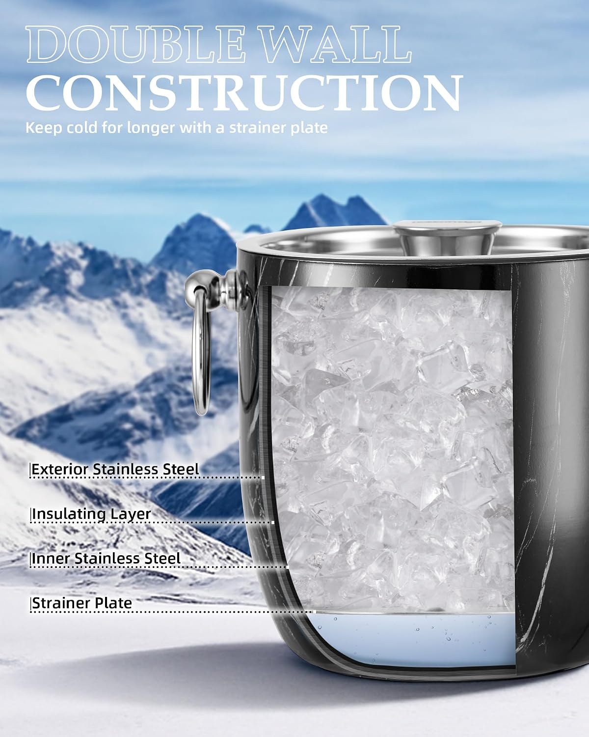 Insulated Ice Bucket, 3L Double Wall Stainless Steel Ice Bucket with Tongs,Lid, Scoop and Strainer, Ice Buckets for Parties,Cocktail Bars, Chilling Beer, Champagne, Wine Bottles