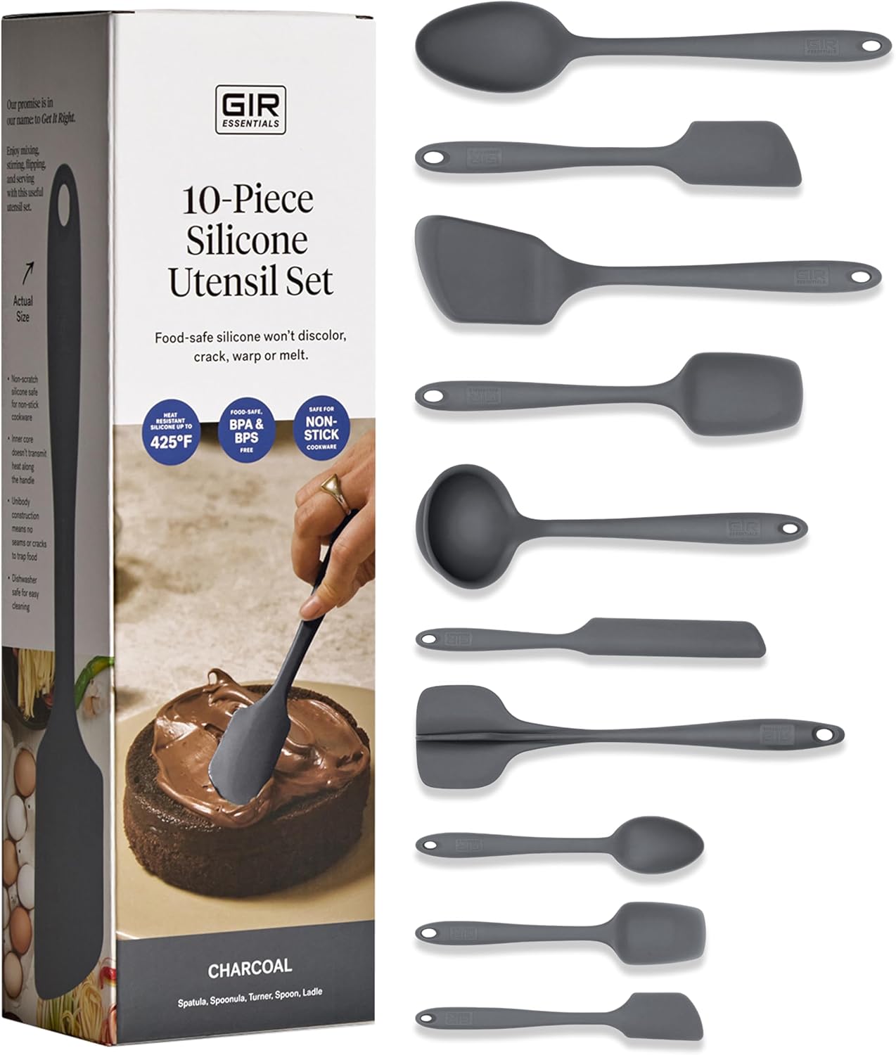 GIR 5-Piece Silicone Kitchen Utensils Set, Non-Toxic Cooking Utensils for Cooking and Baking, Heat Resistant, Food Grade, Dishwasher Safe Rubber Spatula, Ladle, Spoon - Charcoal