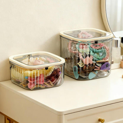 THMINS Hair Accessories Organizer for Girls,Small Plastic Storage Box with Lid for Kids Hair Clips,Ties,Bows&Jewelry,Stackable Dust-Proof Flip Top Container,Desktop Organizer(Clear)