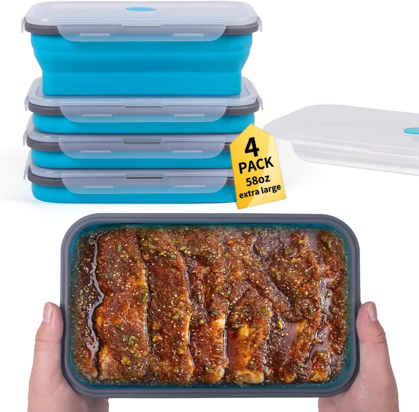 Collapsible Food Storage Containers with Lids, 4 Pack, 40 oz Silicone 1-Compartment Meal Prep Containers Reusable, Lunch Bento Boxes for Adults, Microwave Freezer Dishwasher Safe, BPA-Free, Black