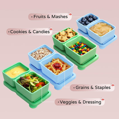 MACTANO 4 Pack New Reusable Silicone Snack Containers with Lids, 10 oz Double Compartment Condiment Meal Prep Control Containers Portable Small Leakproof for Office Travel Picnic