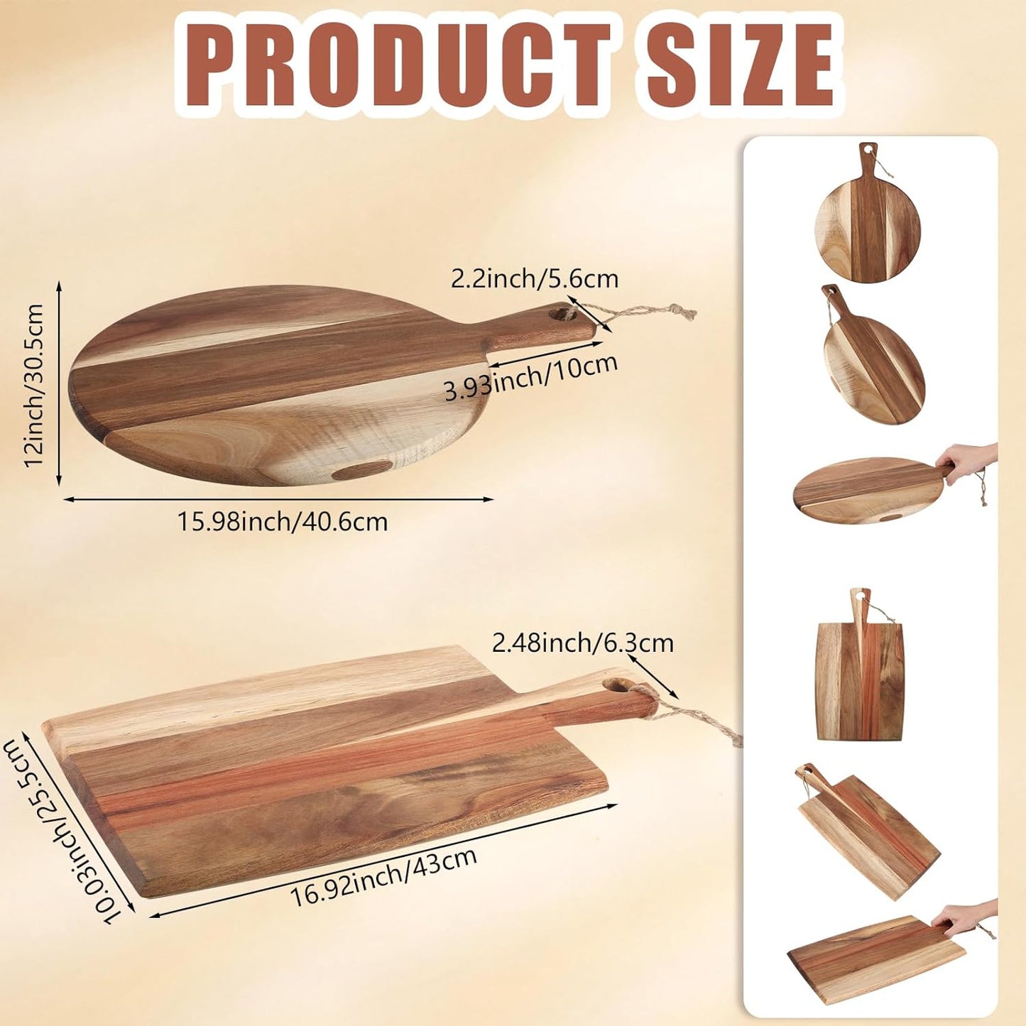 Hsei 2 Pcs Acacia Wood Cutting Board with Handle Wooden Charcuterie Board Large Paddle Carving Chopping Set Butter Serving Tray for Cheese Meat Fruit Pizza Bread(Vintage Style, 16x12, 17x13 Inch)