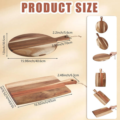 Hsei 2 Pcs Acacia Wood Cutting Board with Handle Wooden Charcuterie Board Large Paddle Carving Chopping Set Butter Serving Tray for Cheese Meat Fruit Pizza Bread(Vintage Style, 16x12, 17x13 Inch)