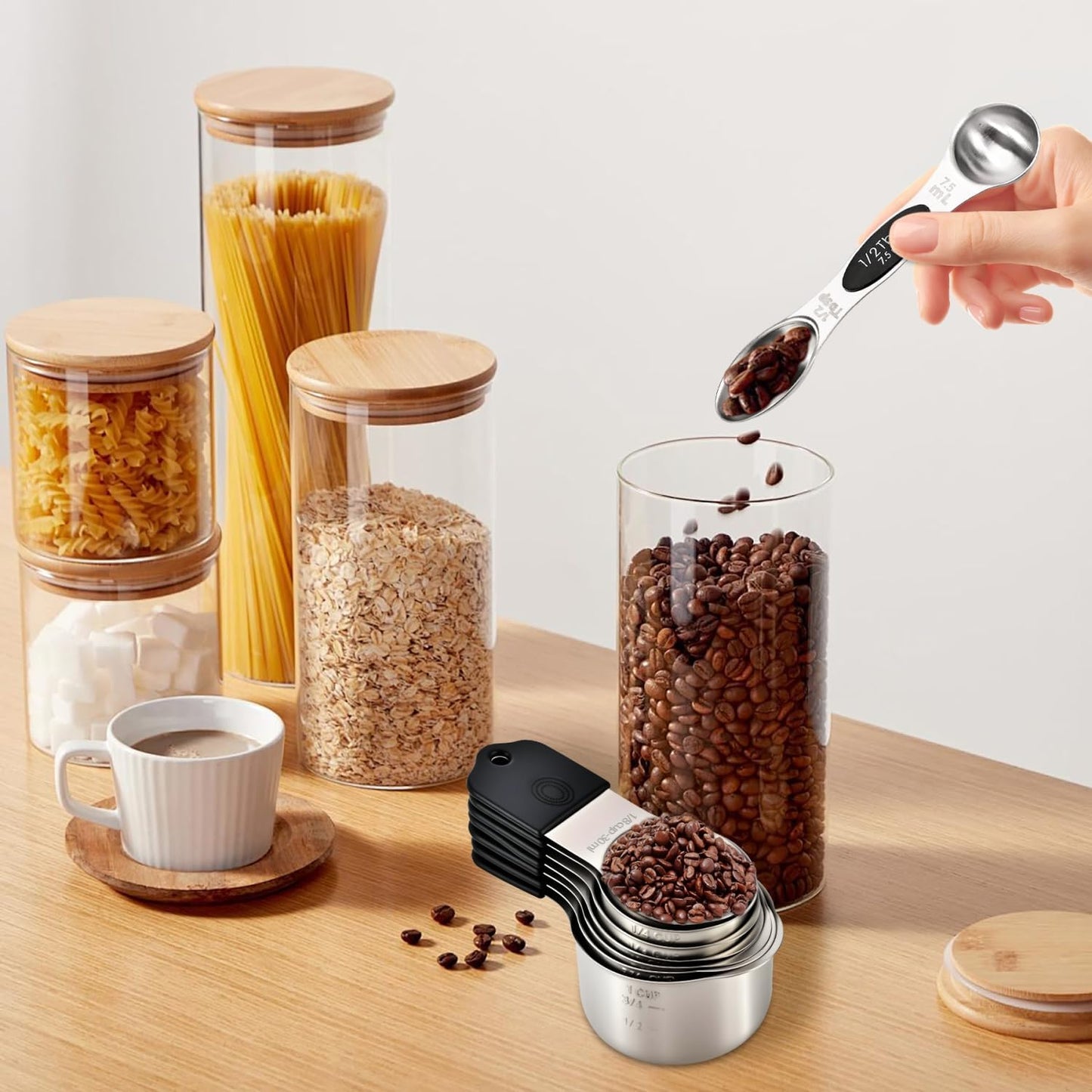 EDELIN Magnetic Measuring Cups and Spoons Set, Stainless Steel 7 cup and 7 spoon with 1 Leveler, 18/8 304 stainless steel (Black 15 sets)
