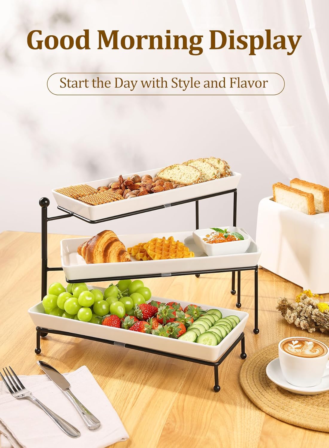 Yedio 3 Tier Serving Trays for Party, Porcelain Serving Platters and Trays, 12 Inch Tiered Tray Stand, Fruit Tray, Trays for Serving Food, White Dessert Stand with Collapsible Sturdier Metal Rack