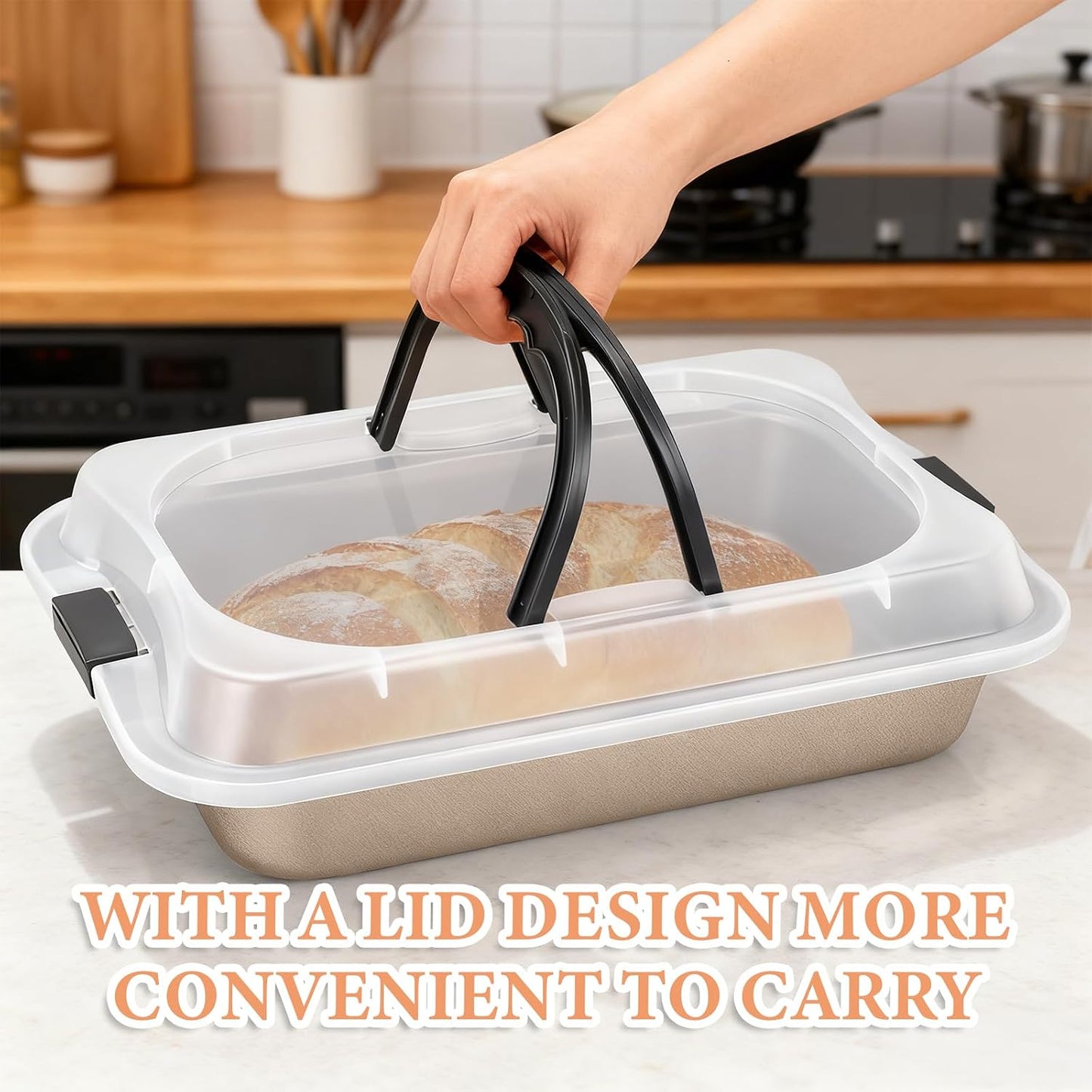 2 Pcs Cake Baking Pan with Lid and Handle, 9 x 13 Inch Non-Stick Rectangle Cake Pan Carrier Carbon Steel Baking Tray for Brownie Roasting Cooking