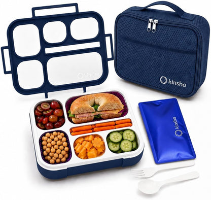 kinsho Lunch Box for Kids Boys Girls - Bento Box Set with Insulated Bag and Ice Pack, 6 Compartment Leak Proof Food Container, BPA-Free, Microwave Safe, Ideal for School & Work, Teal
