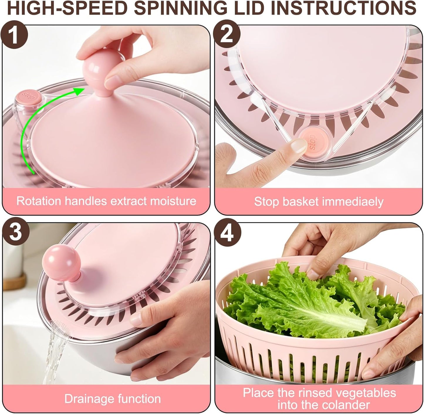 Stainless Steel Salad Spinner Large with 5 Blades Slicer, Lettuce Washer Spinner and Dryer, Vegetable Fruits Chopper Bowl, Egg Yolk Strainer Comes with Dipping Saucers and Clip, 5.3Qt