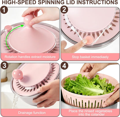 Stainless Steel Salad Spinner Large with 5 Blades Slicer, Lettuce Washer Spinner and Dryer, Vegetable Fruits Chopper Bowl, Egg Yolk Strainer Comes with Dipping Saucers and Clip, 5.3Qt