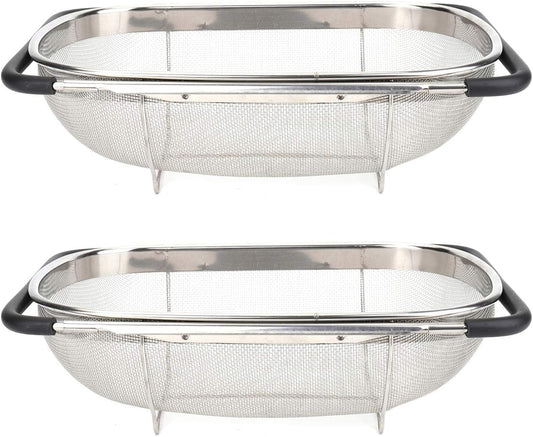 2 PackPremium Quality Over The Sink Stainless Steel Oval Colander with Fine Mesh 6 Quart Strainer Basket & Expandable Rubber Grip Handles - Strain, Drain, Rinse Fruits, Vegetables1