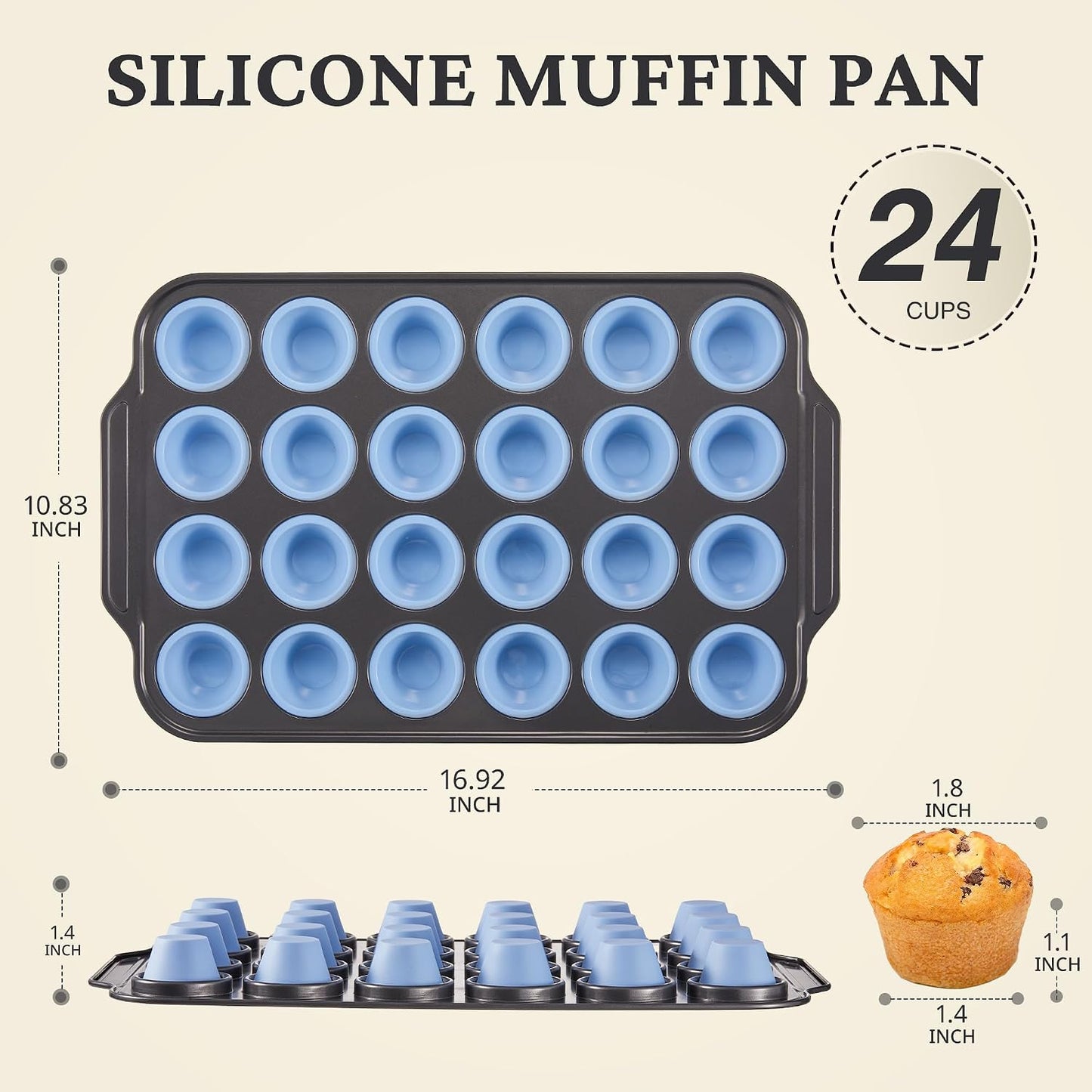 BRONYPRO Silicone Muffin Pans for Baking with Metal Frame, Egg Bite Molds, Cupcake Pans 12 Regular Size, Muffin Tins Easy to Pop Nonstick Non Toxic Bakeware for Oven,Blue