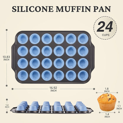 BRONYPRO Silicone Muffin Pans for Baking with Metal Frame, Egg Bite Molds, Cupcake Pans 12 Regular Size, Muffin Tins Easy to Pop Nonstick Non Toxic Bakeware for Oven,Blue