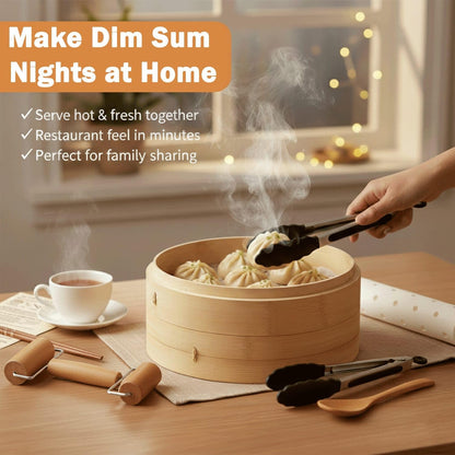 Bamboo Steamer Basket 10 Inch | 2 Tier Dumpling and Dim Sum Steamer for Bao Buns Vegetables and Asian Cooking | Bamboo Steaming Basket Set with Parchment Liners and Food Tongs