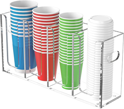WINFFOR Disposable Cup Organizer Dispenser - 2 Compartments Clear Acrylic Cup and Lid Holder with Handles Plastic Cup Dispenser Countertop Paper Cup Holder for Coffee Bar House Party Essentials