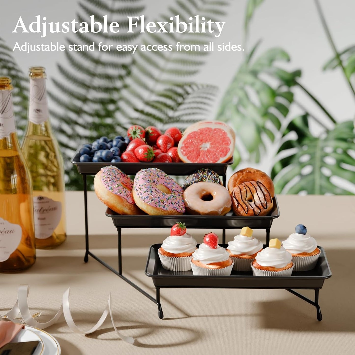 3-Tier Melamine Serving Tray Set, 11.5" x 5.6" Platters for Serving Food, Black Reusable Trays with Black Metal Display Stand for Cupcakes, Sevring Food, Dessert, Fruit, Cookie, Gold