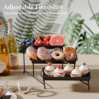 3-Tier Melamine Serving Tray Set, 11.5" x 5.6" Platters for Serving Food, Black Reusable Trays with Black Metal Display Stand for Cupcakes, Sevring Food, Dessert, Fruit, Cookie, Gold